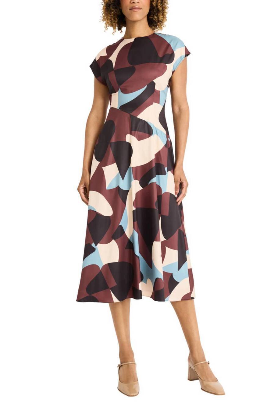 NEW MAGGY LONDON cap sleeve geo print a-line dress in cream brown